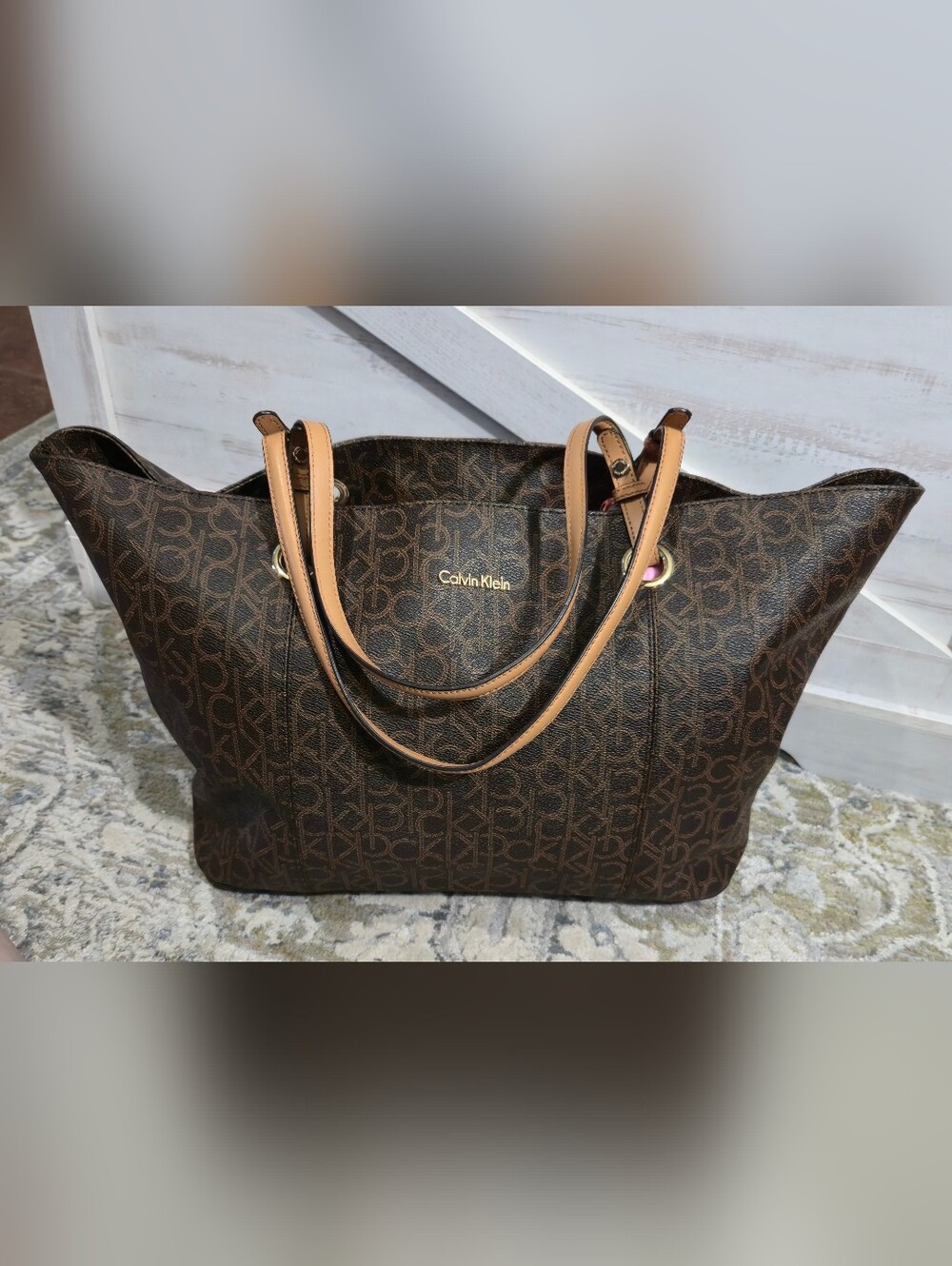 Calvin Klein Brown Monogram Tote with Tan Handles